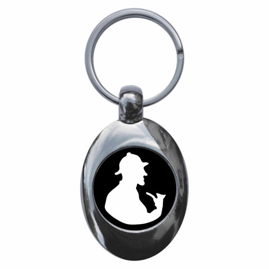 A picture of the front of the product, titled Sherlock Holmes Silhouette Metal Keyring With Trolley Coin
