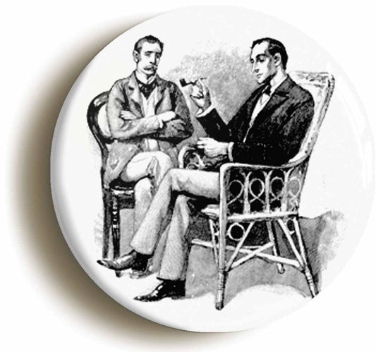A picture of the front of the product, titled Sherlock Holmes And Dr Watson Button Pin Badge