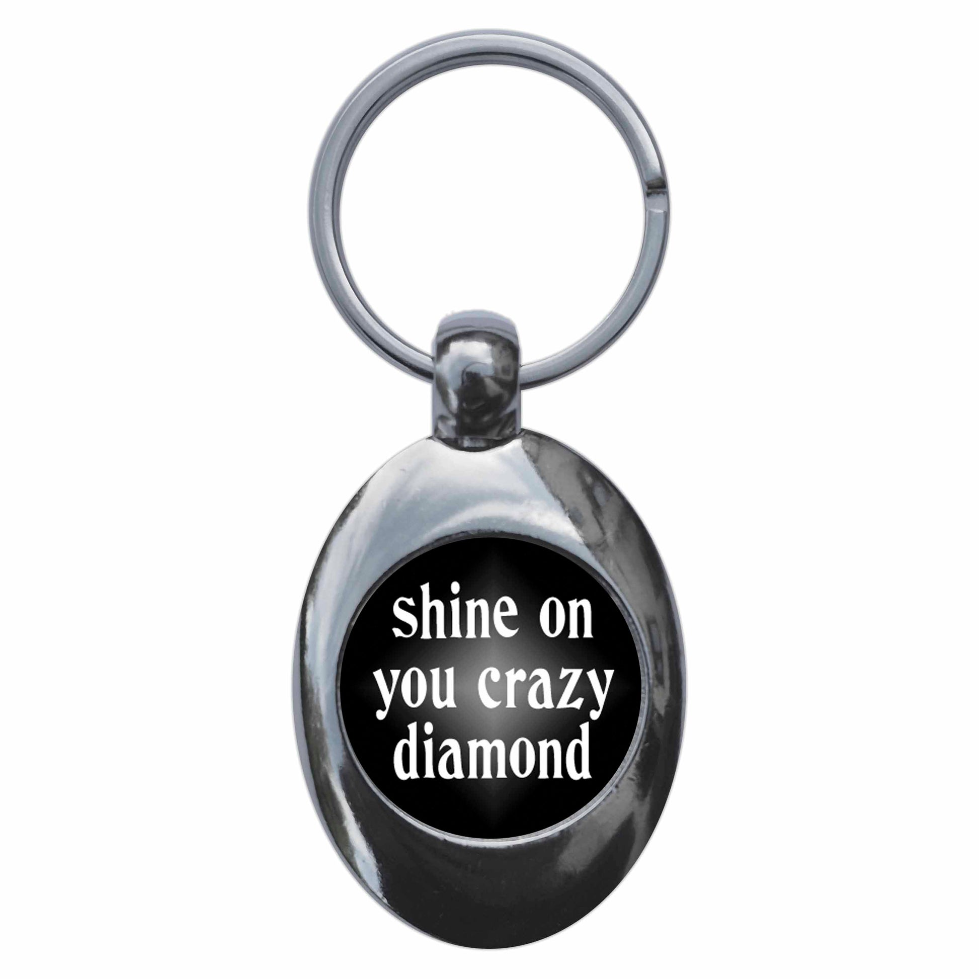 A picture of the front of the product, titled Shine On You Crazy Diamond Metal Keyring With Trolley Coin
