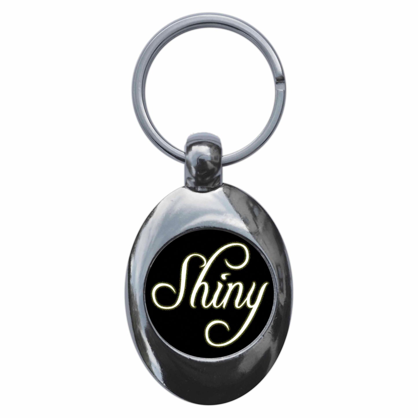 A picture of the front of the product, titled Shiny Metal Keyring With Trolley Coin