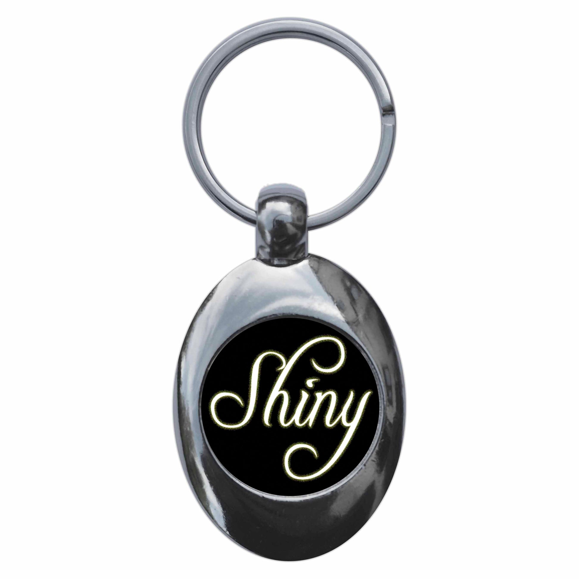 A picture of the front of the product, titled Shiny Metal Keyring With Trolley Coin