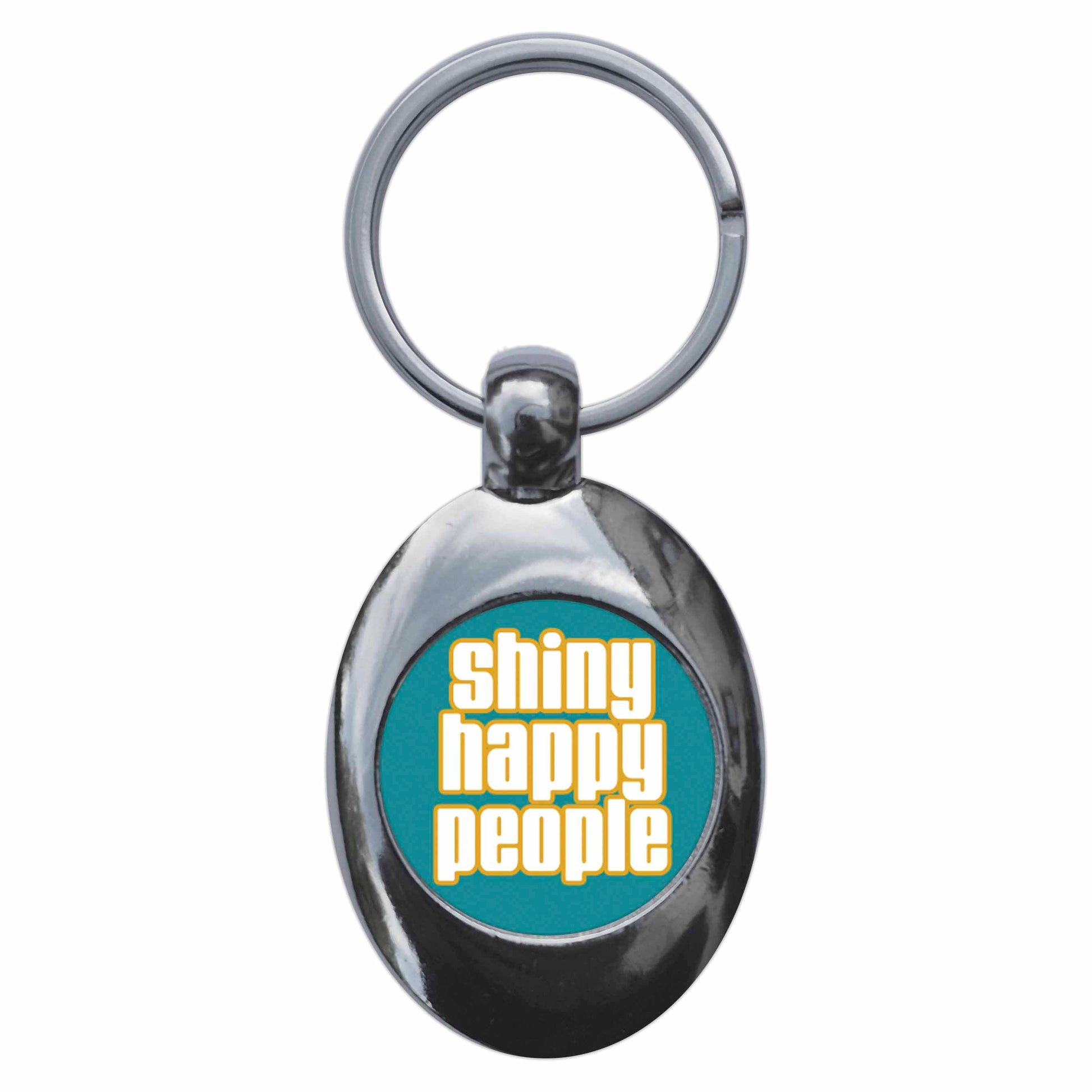 A picture of the front of the product, titled Shiny Happy People Metal Keyring With Trolley Coin