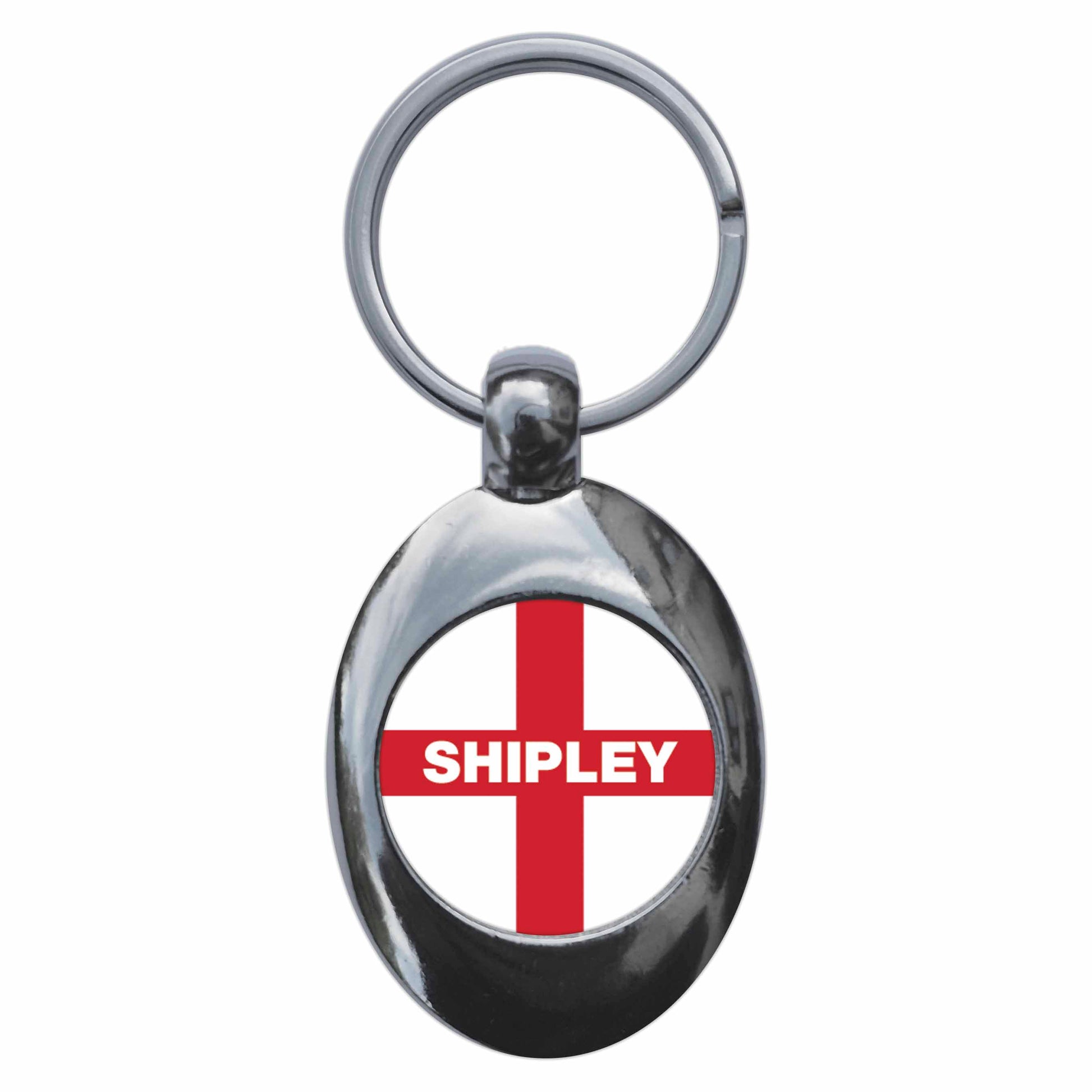 A picture of the front of the product, titled Shipley England Flag Metal Keyring With Trolley Coin
