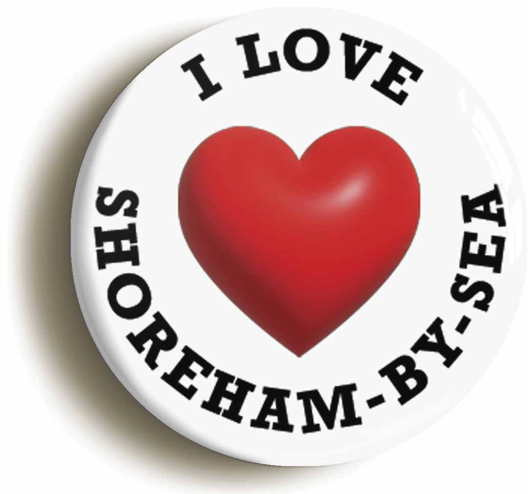 A picture of the front of the product, titled I Heart Love Shoreham-By-Sea Location Circular 50mm Fridge Magnet