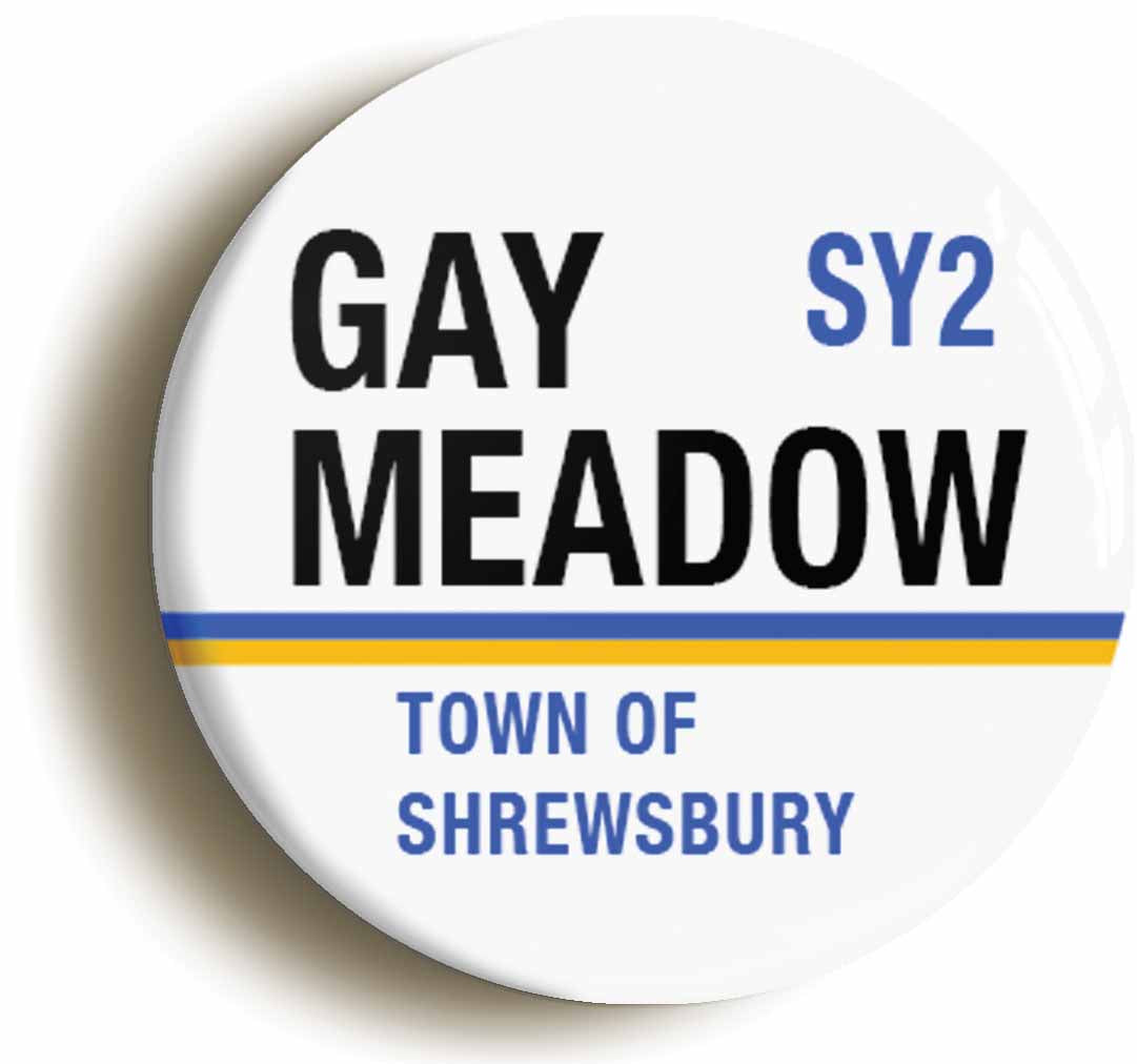 A picture of the front of the product, titled Gay Meadow SY2 Shrewsbury Road Sign Button Pin Badge