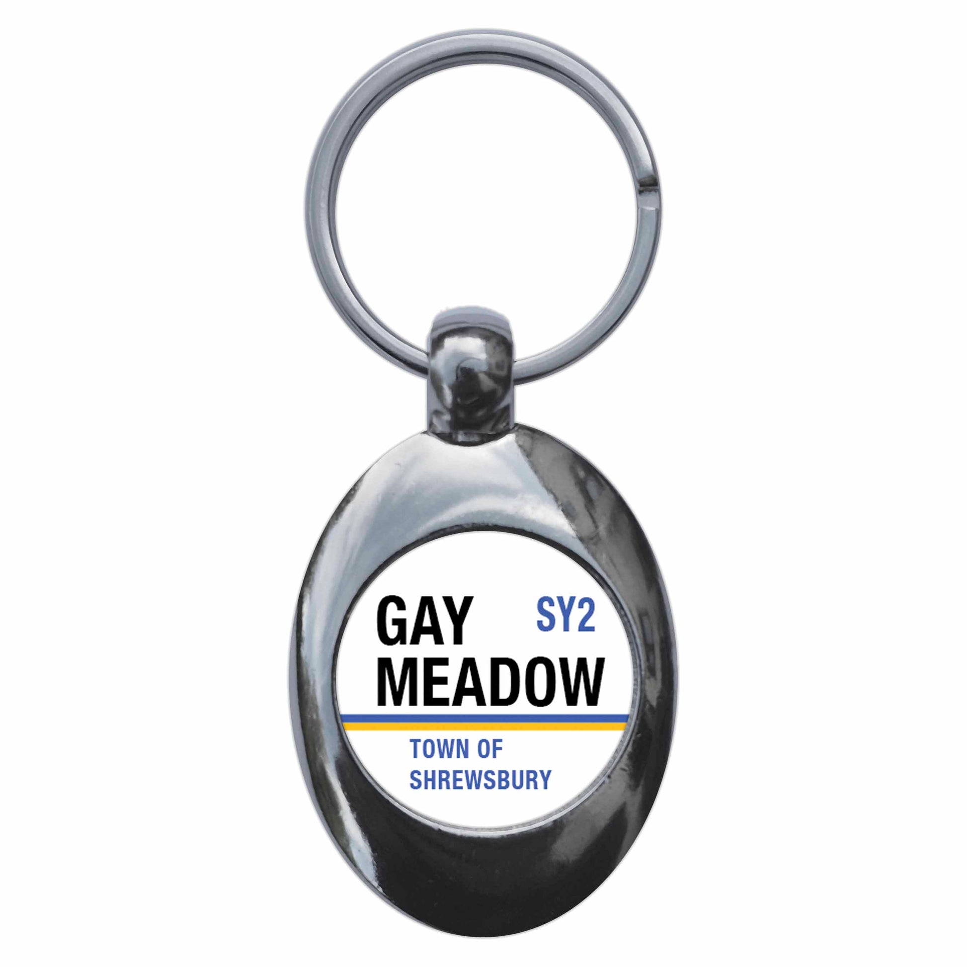 A picture of the front of the product, titled Gay Meadow SY2 Shrewsbury Road Sign Metal Keyring With Trolley Coin