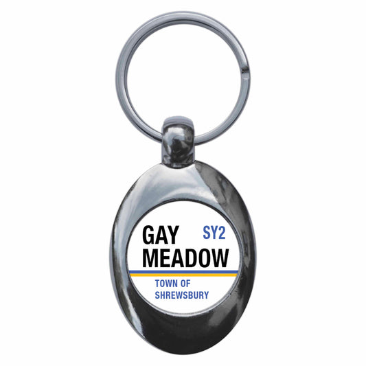 A picture of the front of the product, titled Gay Meadow SY2 Shrewsbury Road Sign Metal Keyring With Trolley Coin