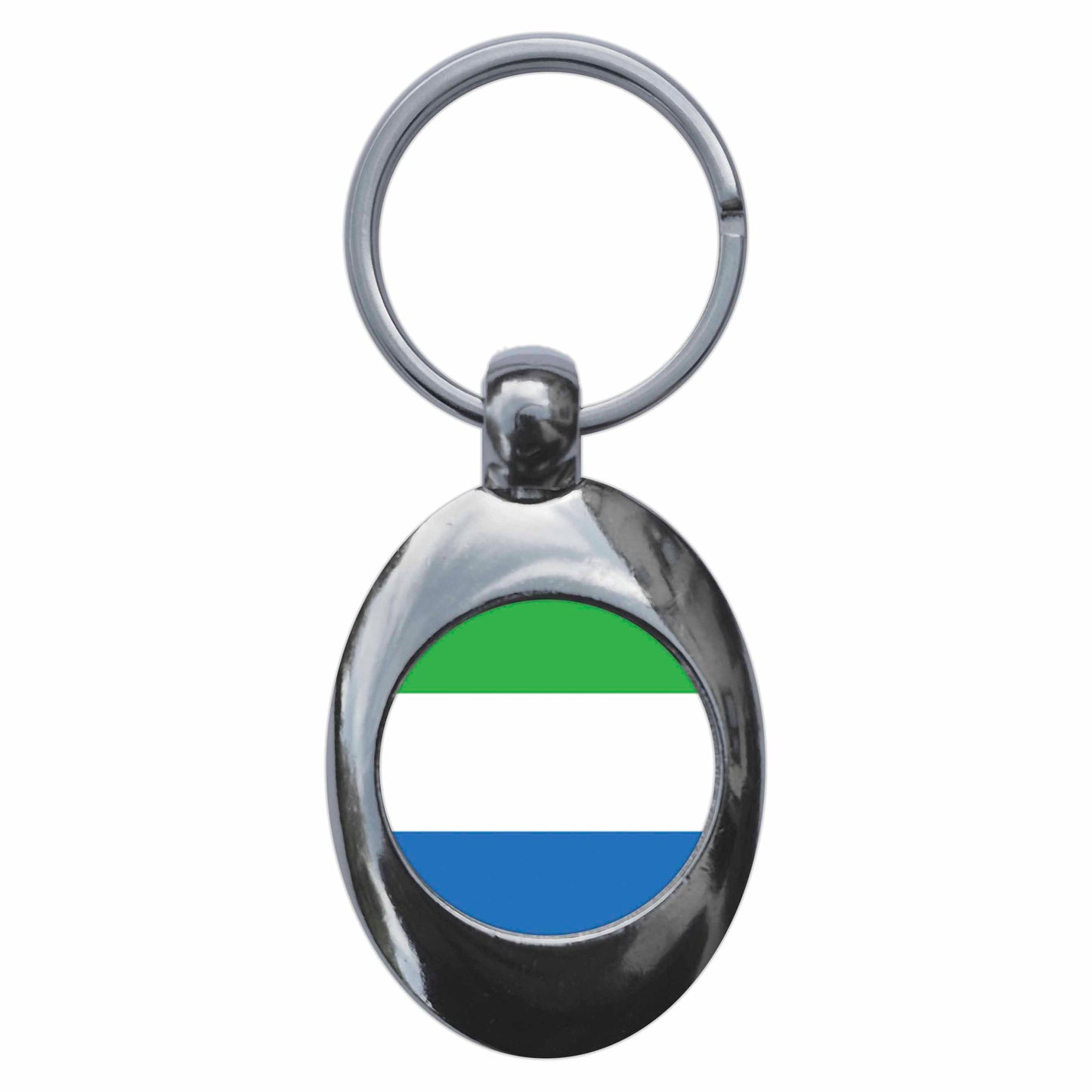 A picture of the front of the product, titled Sierra Leone National Flag Metal Keyring With Trolley Coin