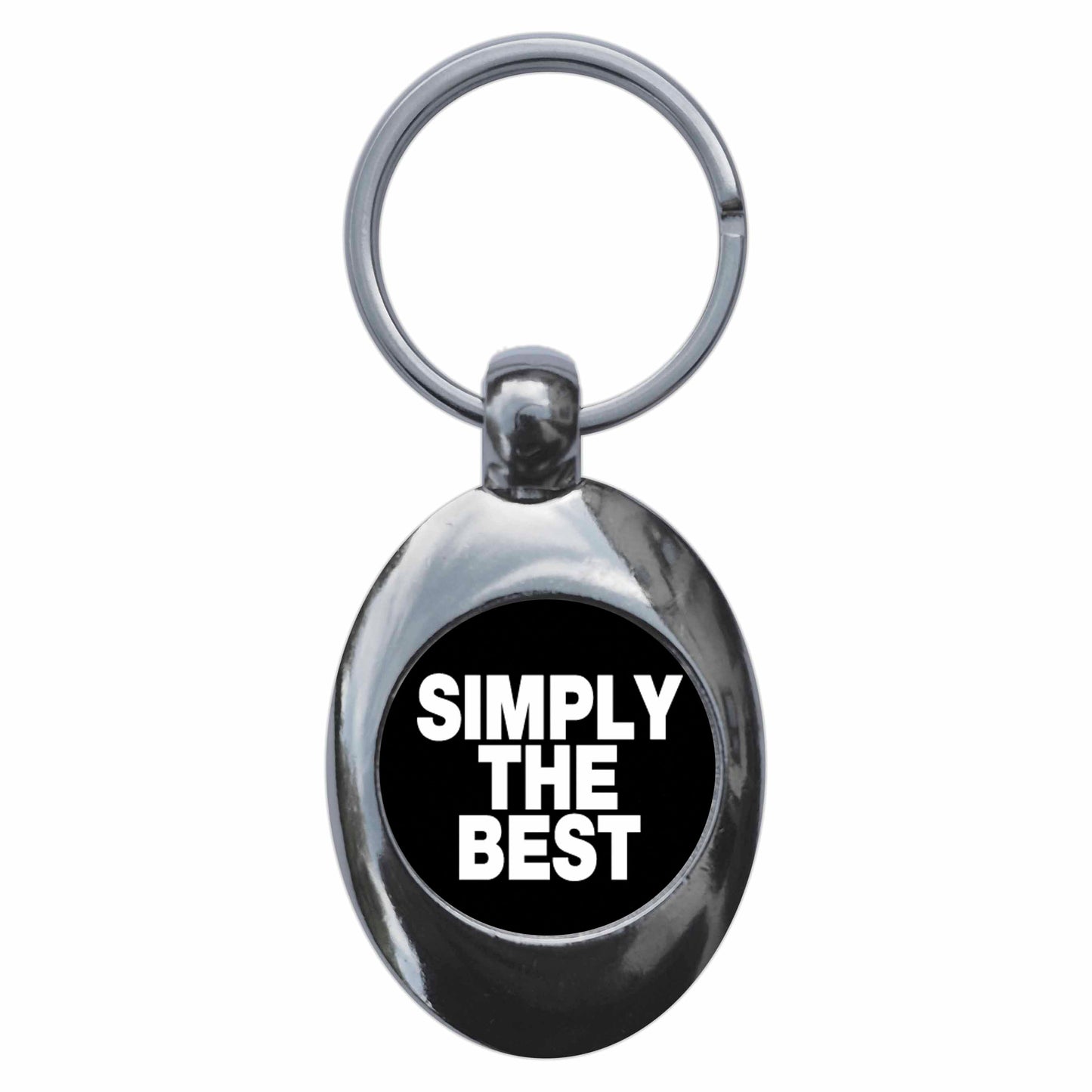 A picture of the front of the product, titled Simply The Best Metal Keyring With Trolley Coin