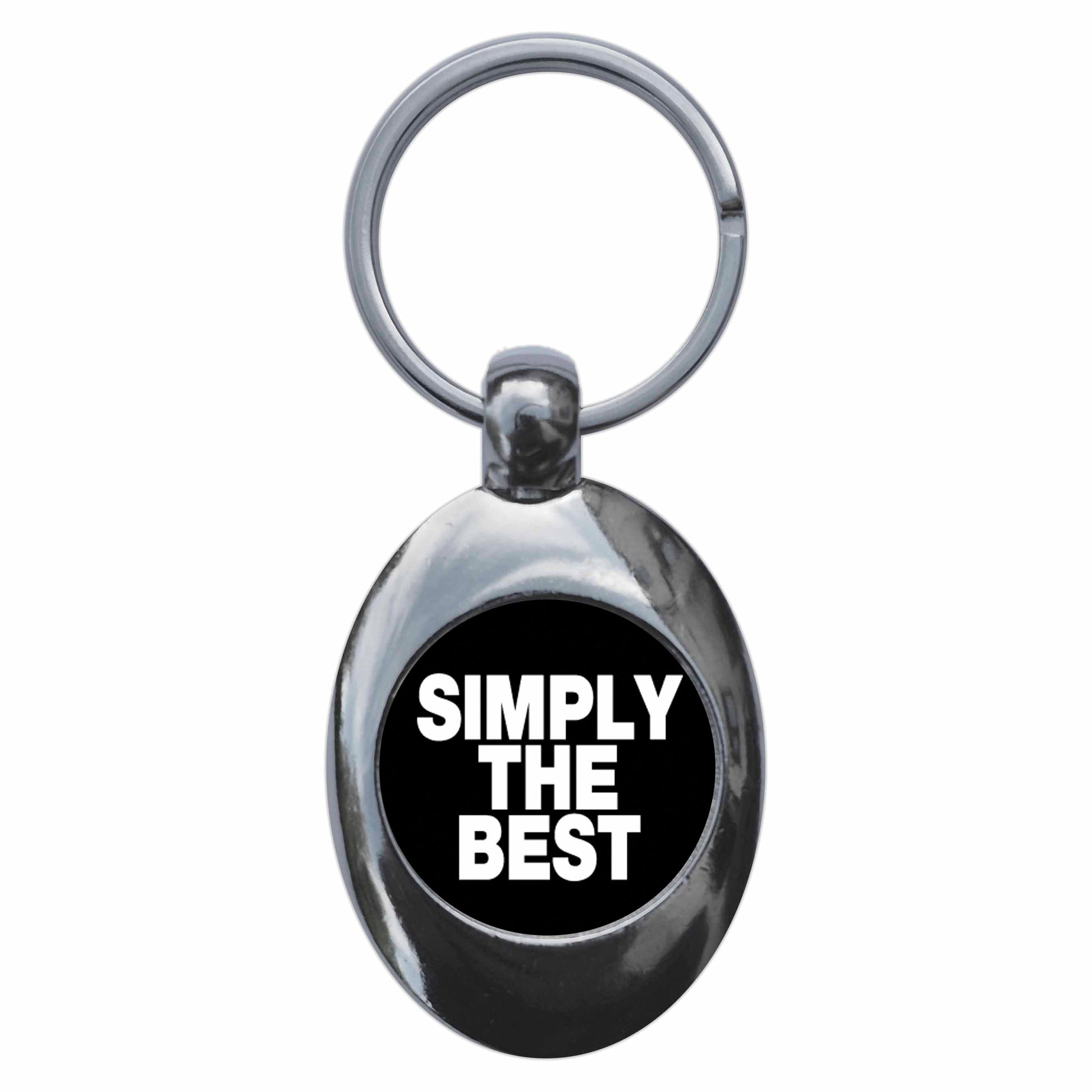 A picture of the front of the product, titled Simply The Best Metal Keyring With Trolley Coin