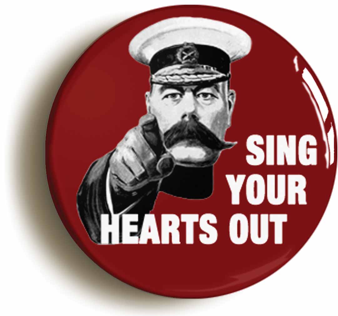 A picture of the front of the product, titled Sing Your Hearts Out Button Pin Badge
