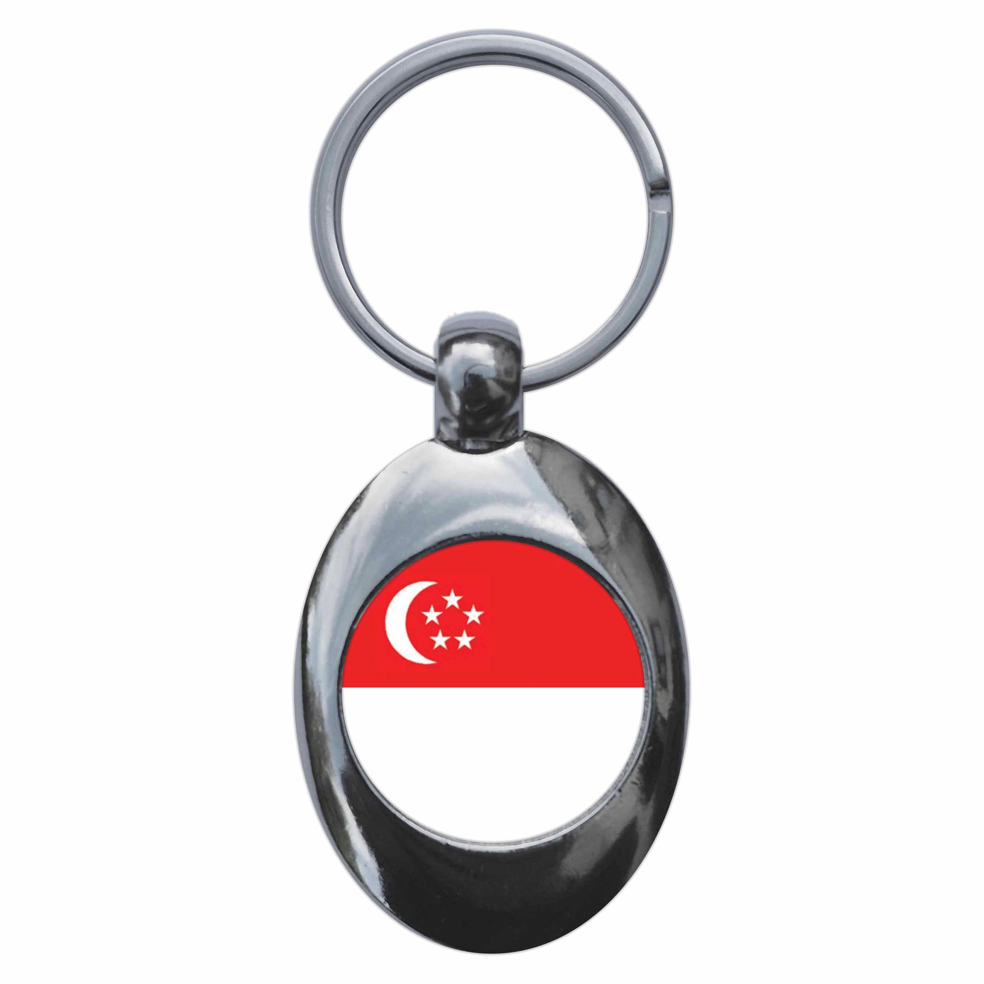A picture of the front of the product, titled Singapore National Flag Metal Keyring With Trolley Coin