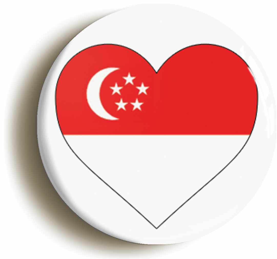 A picture of the front of the product, titled Singapore Singaporean Flag Heart Button Pin Badge