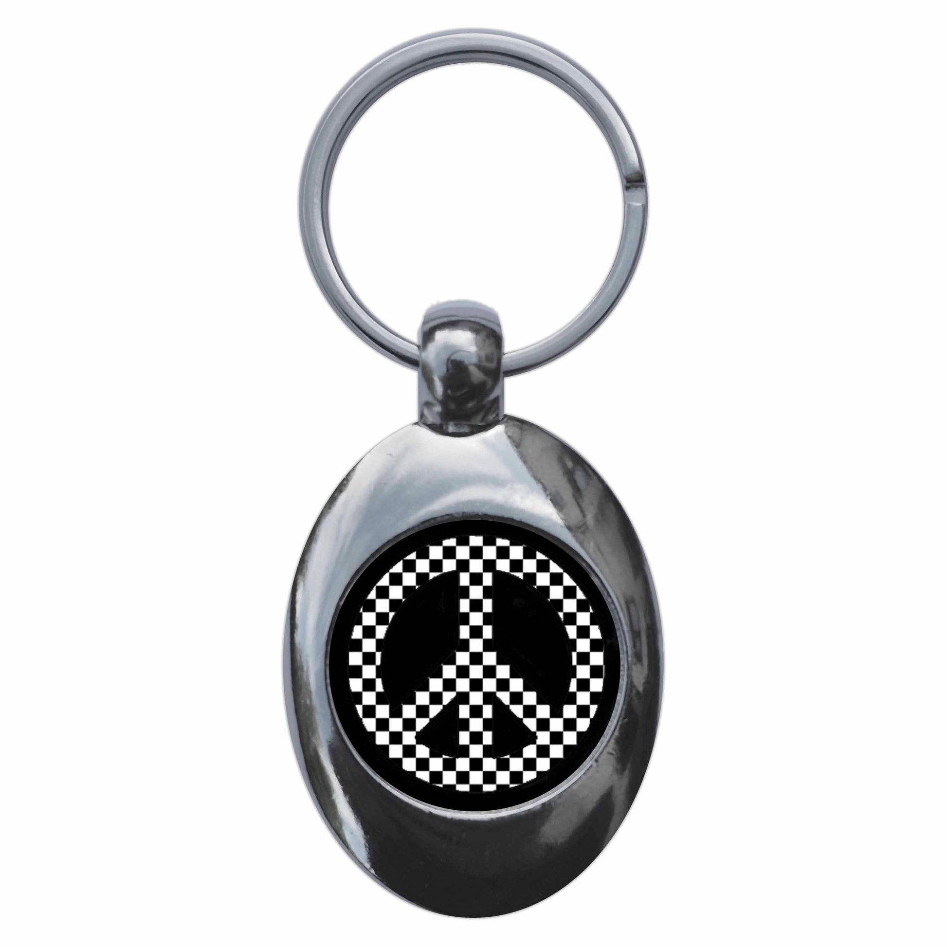 A picture of the front of the product, titled Ska Peace Symbol Metal Keyring With Trolley Coin