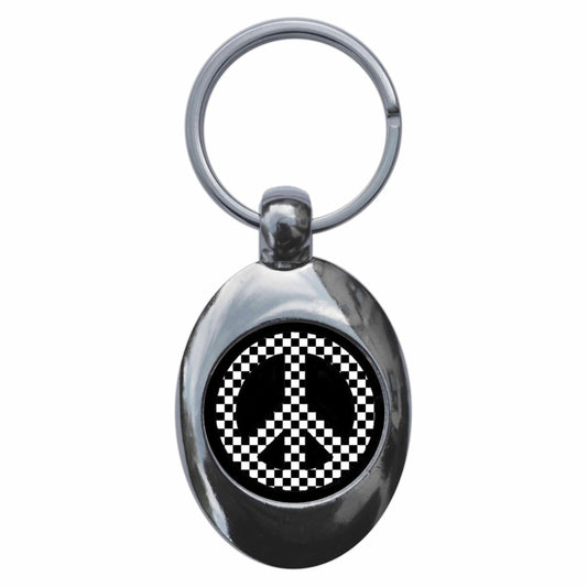 A picture of the front of the product, titled Ska Peace Symbol Metal Keyring With Trolley Coin