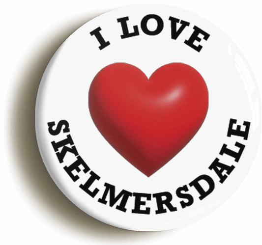 A picture of the front of the product, titled I Heart Love Skelmersdale Location Circular 50mm Fridge Magnet