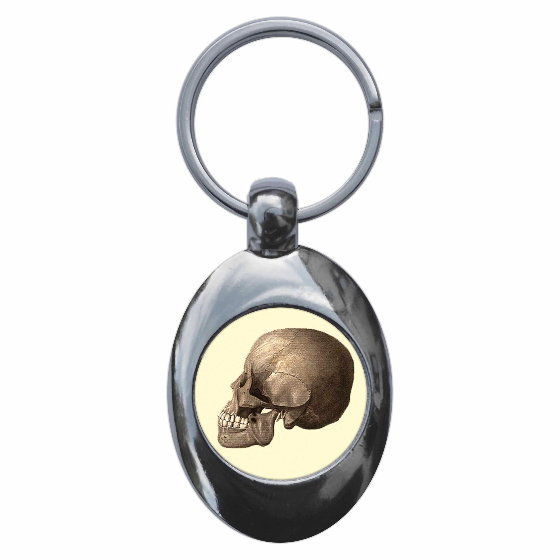 A picture of the front of the product, titled Human Skull Anatomy Diagram Metal Keyring With Trolley Coin