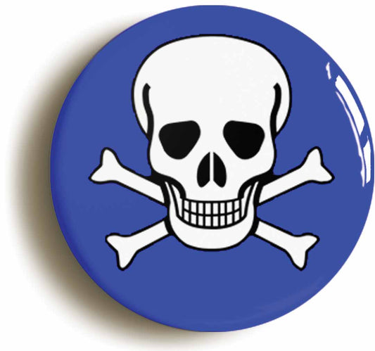 A picture of the front of the product, titled Skull And Cross Bones Blue Punk Button Pin Badge