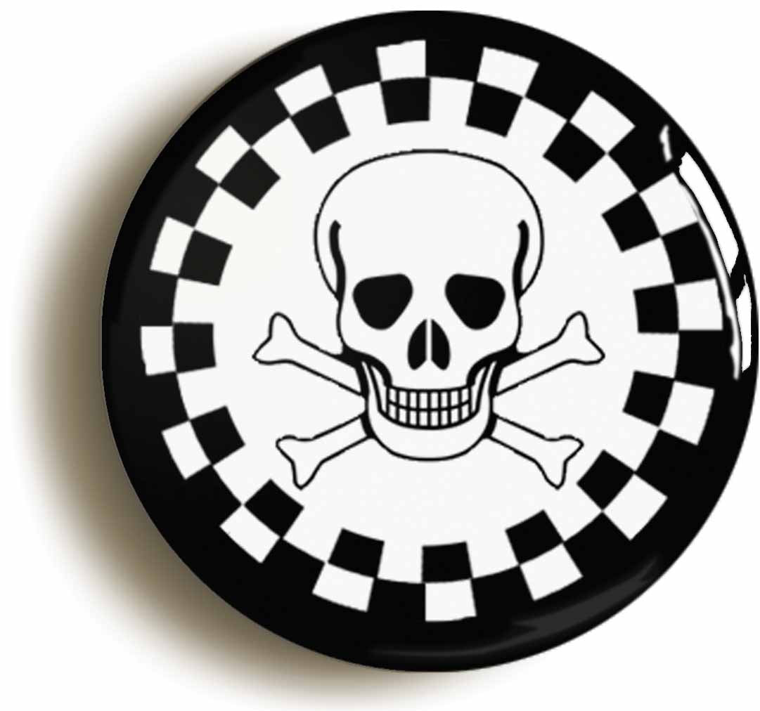 A picture of the front of the product, titled Ska Skull And Cross Bones Punk Button Pin Badge