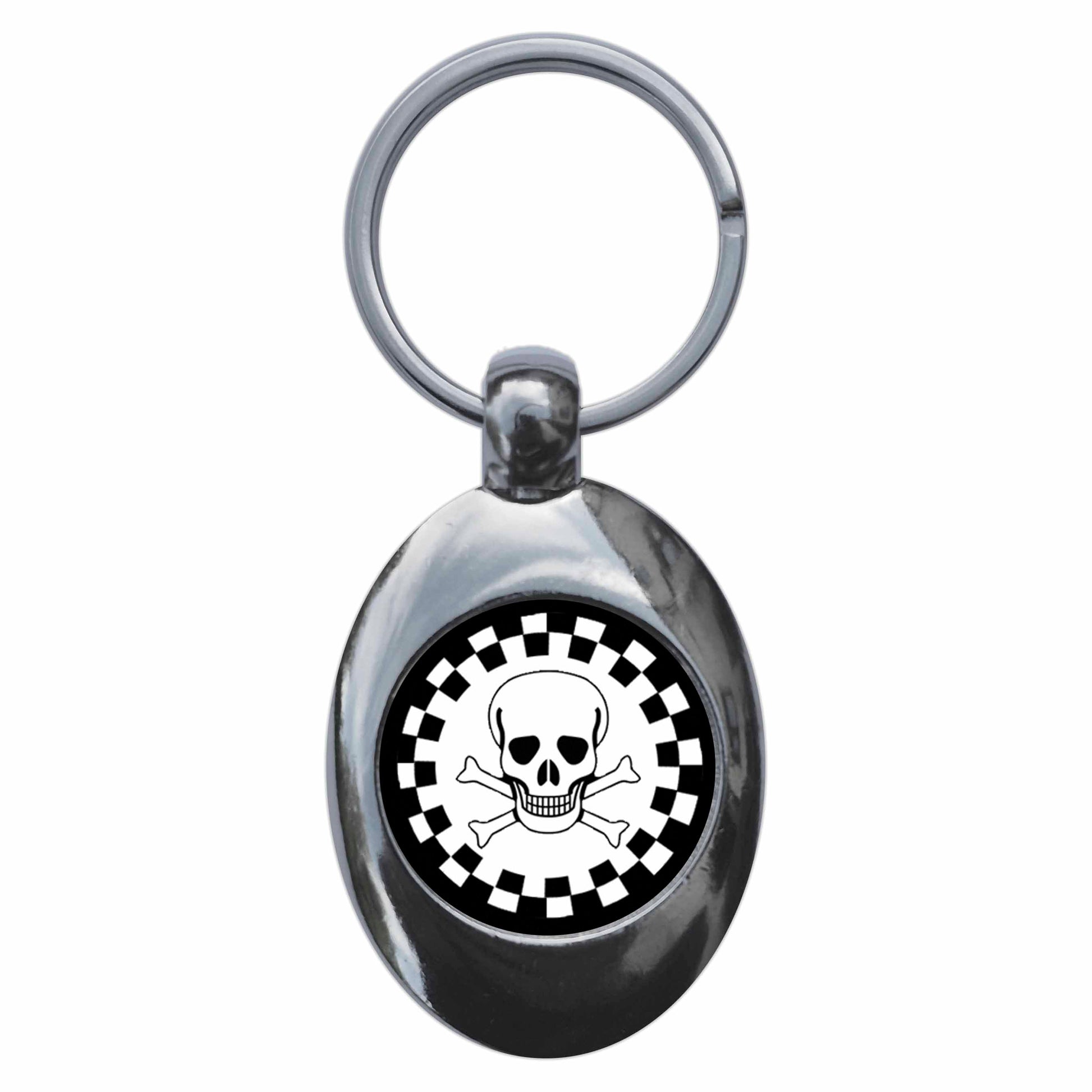 A picture of the front of the product, titled Ska Skull And Cross Bones Punk Metal Keyring With Trolley Coin