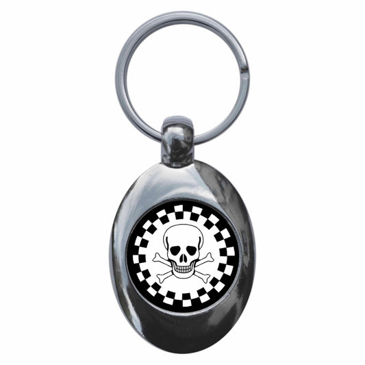 A picture of the front of the product, titled Ska Skull And Cross Bones Punk Metal Keyring With Trolley Coin