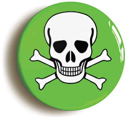 A picture of the front of the product, titled Skull And Cross Bones Green Punk Button Pin Badge