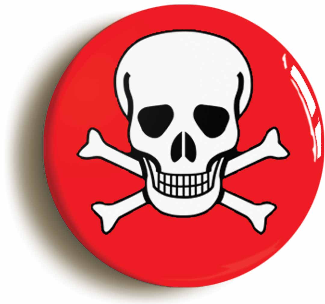 A picture of the front of the product, titled Skull And Cross Bones Red Punk Button Pin Badge
