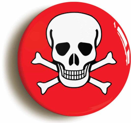 A picture of the front of the product, titled Skull And Cross Bones Red Punk Button Pin Badge