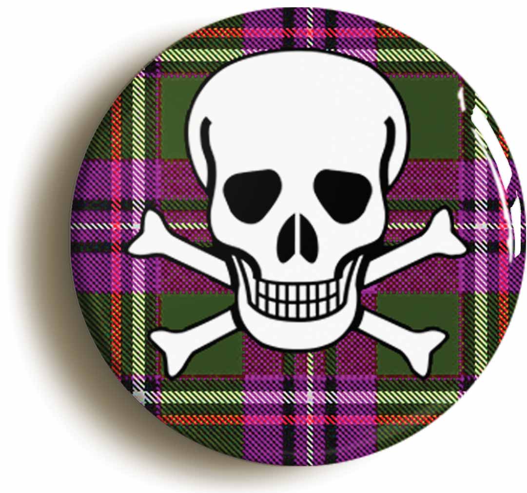 A picture of the front of the product, titled Skull And Cross Bones Tartan Punk Button Pin Badge