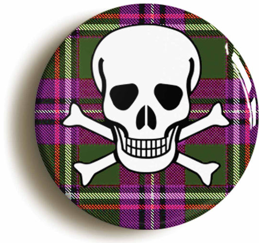 A picture of the front of the product, titled Skull And Cross Bones Tartan Punk Button Pin Badge