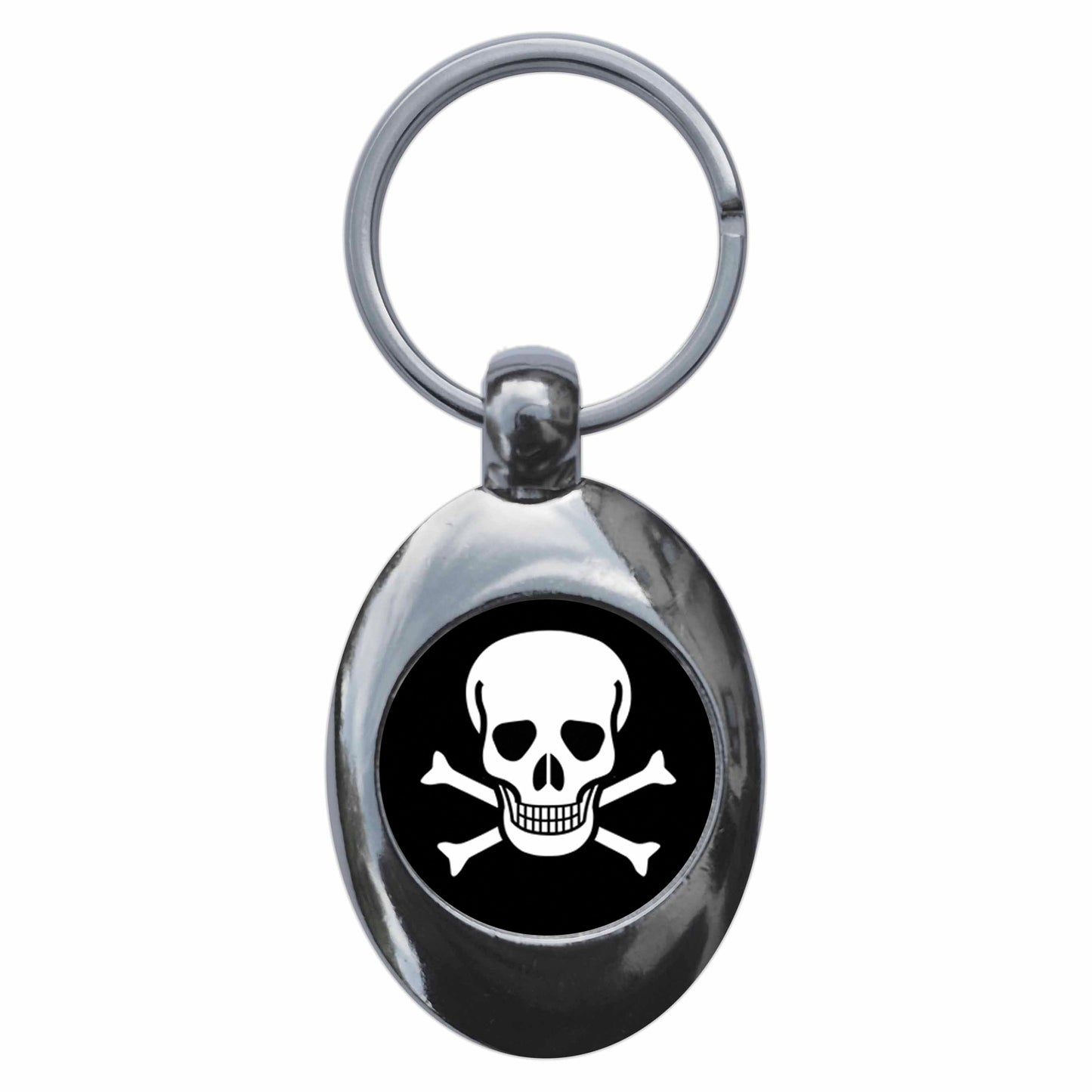 A picture of the front of the product, titled Skull And Cross Bones Pirate Metal Keyring With Trolley Coin