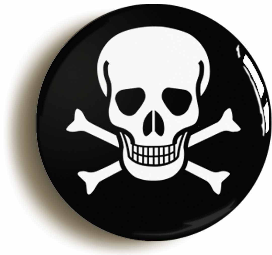 A picture of the front of the product, titled Skull And Cross Bones Punk Pirate Button Pin Badge