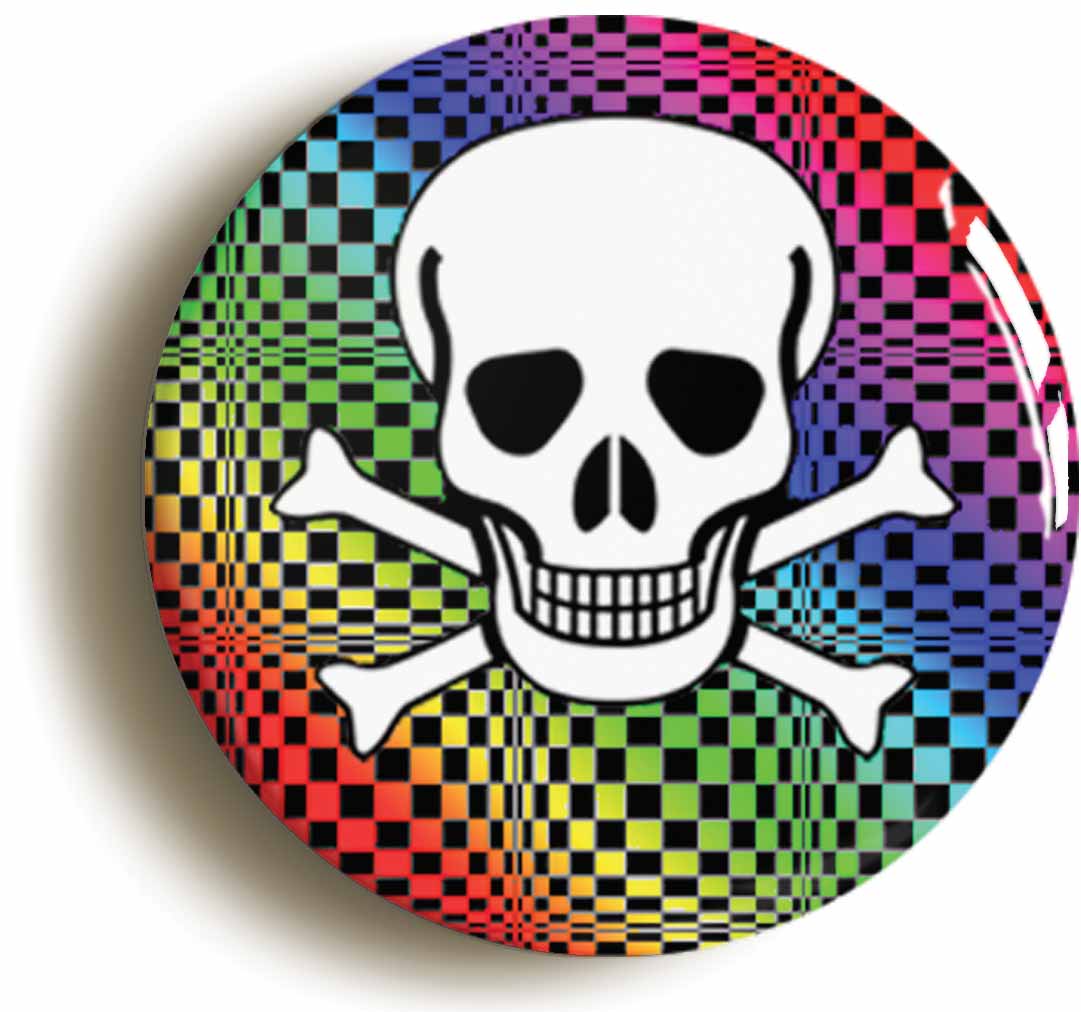 A picture of the front of the product, titled Psychedelic Skull And Cross Bones Button Pin Badge