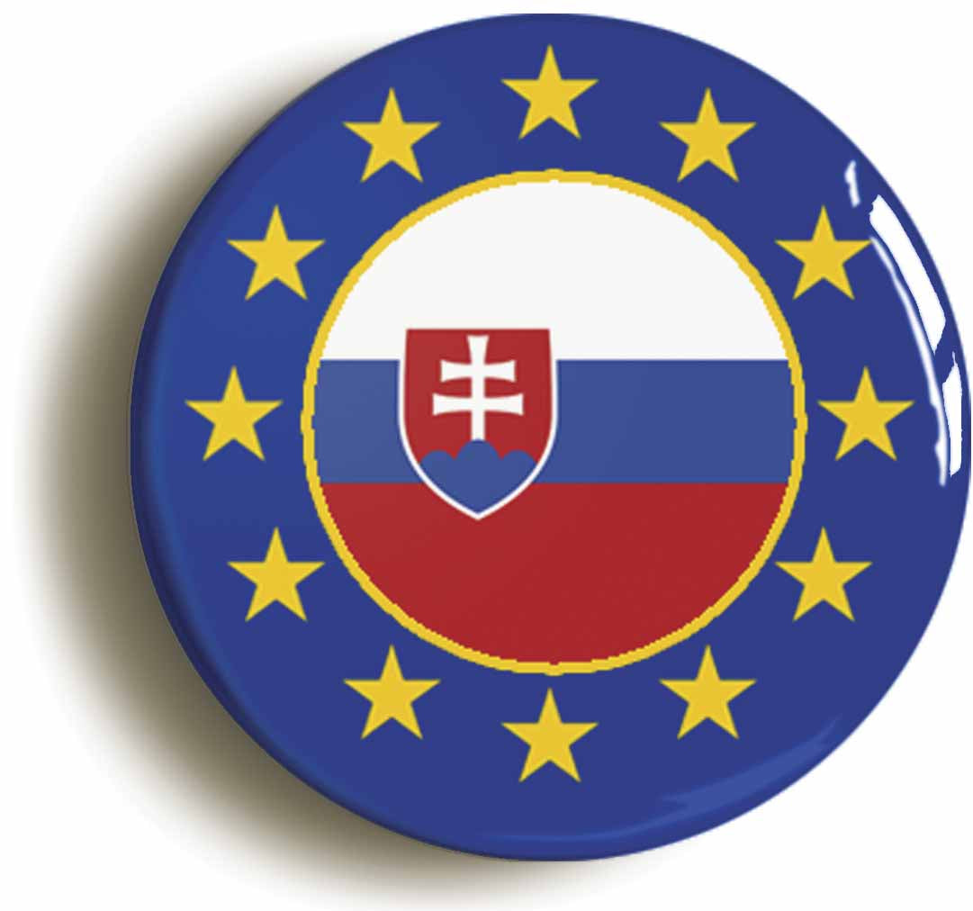 A picture of the front of the product, titled Slovakia European Union Split Flag Circular 50mm Fridge Magnet