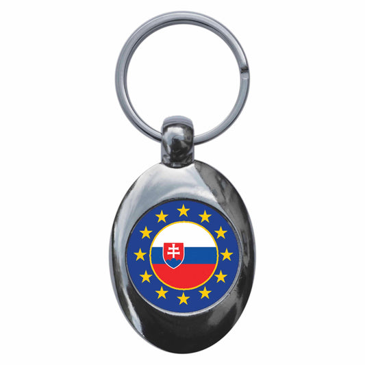 A picture of the front of the product, titled Slovakia European Union Split Flag Metal Keyring With Trolley Coin