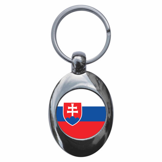 A picture of the front of the product, titled Slovakia Slovak National Flag Metal Keyring With Trolley Coin