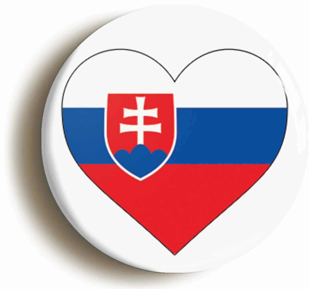 A picture of the front of the product, titled Slovakia Slovakian Flag Heart Button Pin Badge