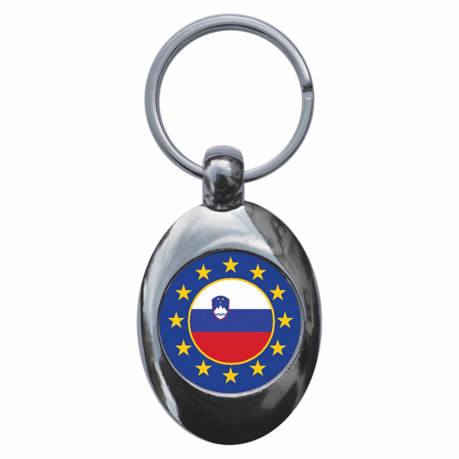 A picture of the front of the product, titled Slovenia European Union Split Flag Metal Keyring With Trolley Coin