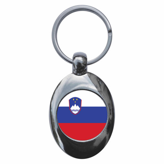 A picture of the front of the product, titled Slovenia Slovenian National Flag Metal Keyring With Trolley Coin