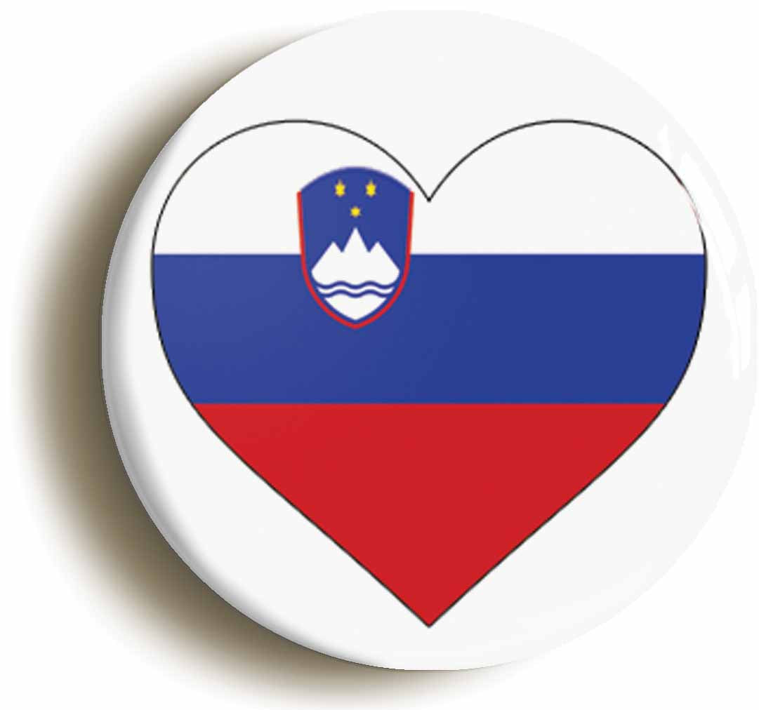 A picture of the front of the product, titled Slovenia Slovenian Flag Heart Button Pin Badge