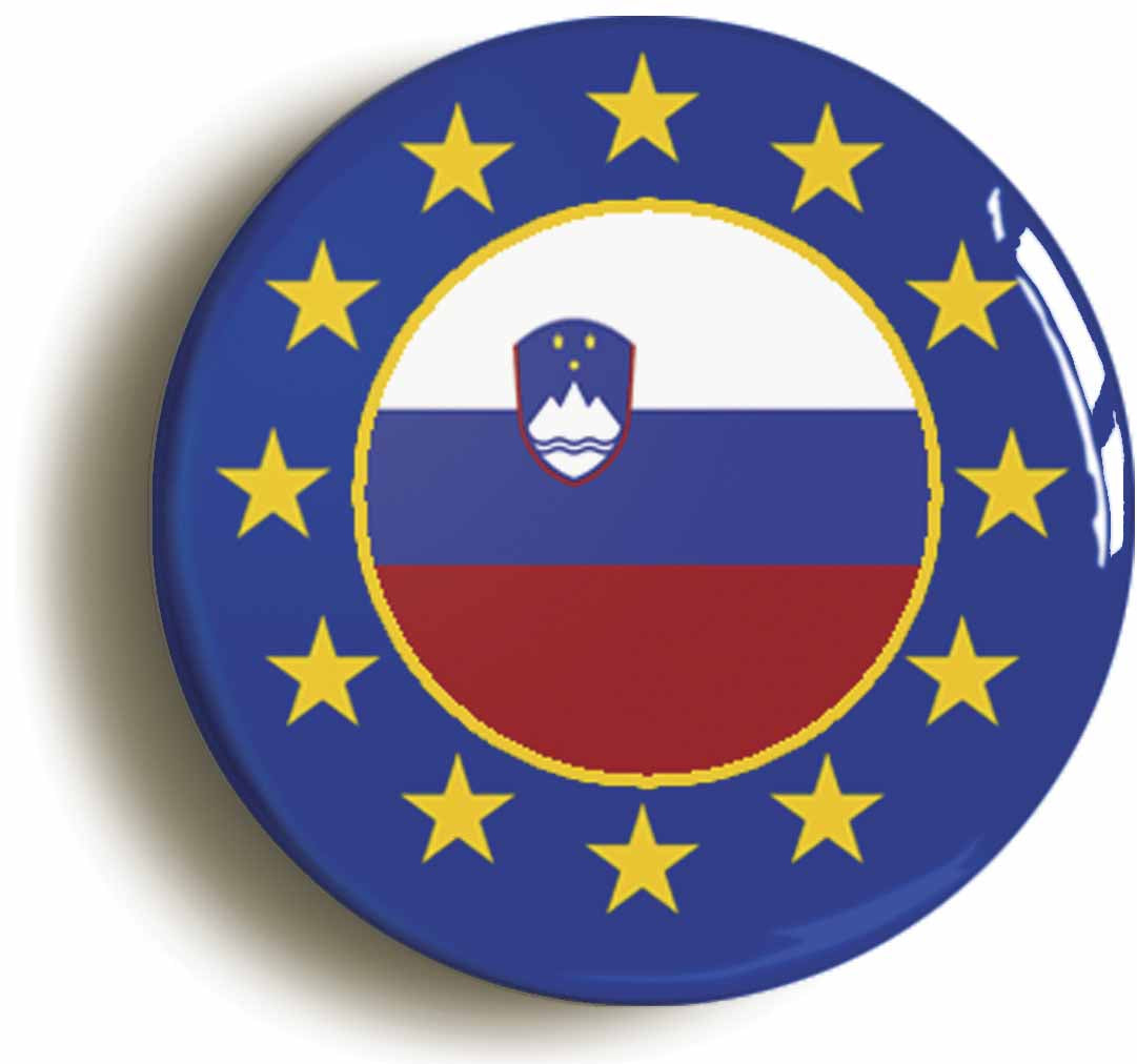 A picture of the front of the product, titled Slovenia European Union Split Flag Button Pin Badge