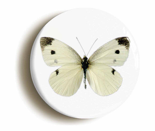 A picture of the front of the product, titled Small White Butterfly Button Pin Badge
