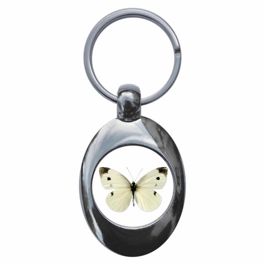 A picture of the front of the product, titled Cabbage White Butterfly Metal Keyring With Trolley Coin