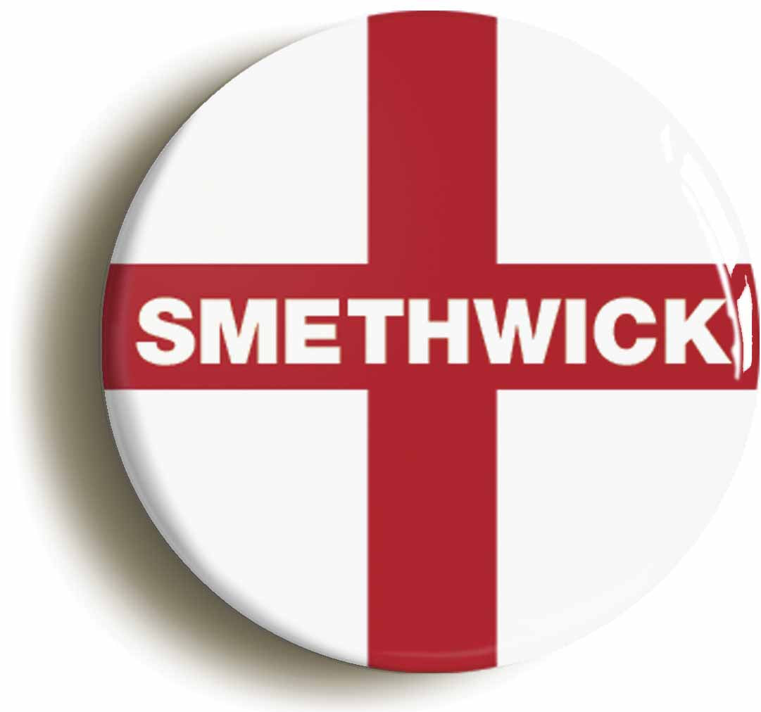 A picture of the front of the product, titled Smethwick England Flag Button Pin Badge