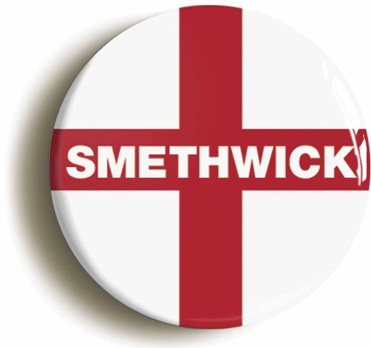 A picture of the front of the product, titled Smethwick England Flag Button Pin Badge