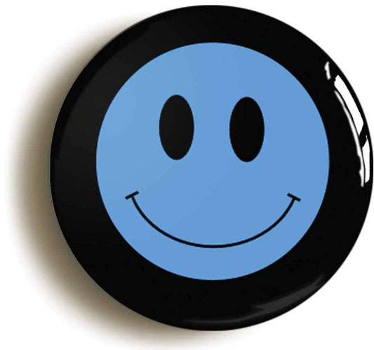 A picture of the front of the product, titled Blue Smiling Face Icon Circular 50mm Fridge Magnet