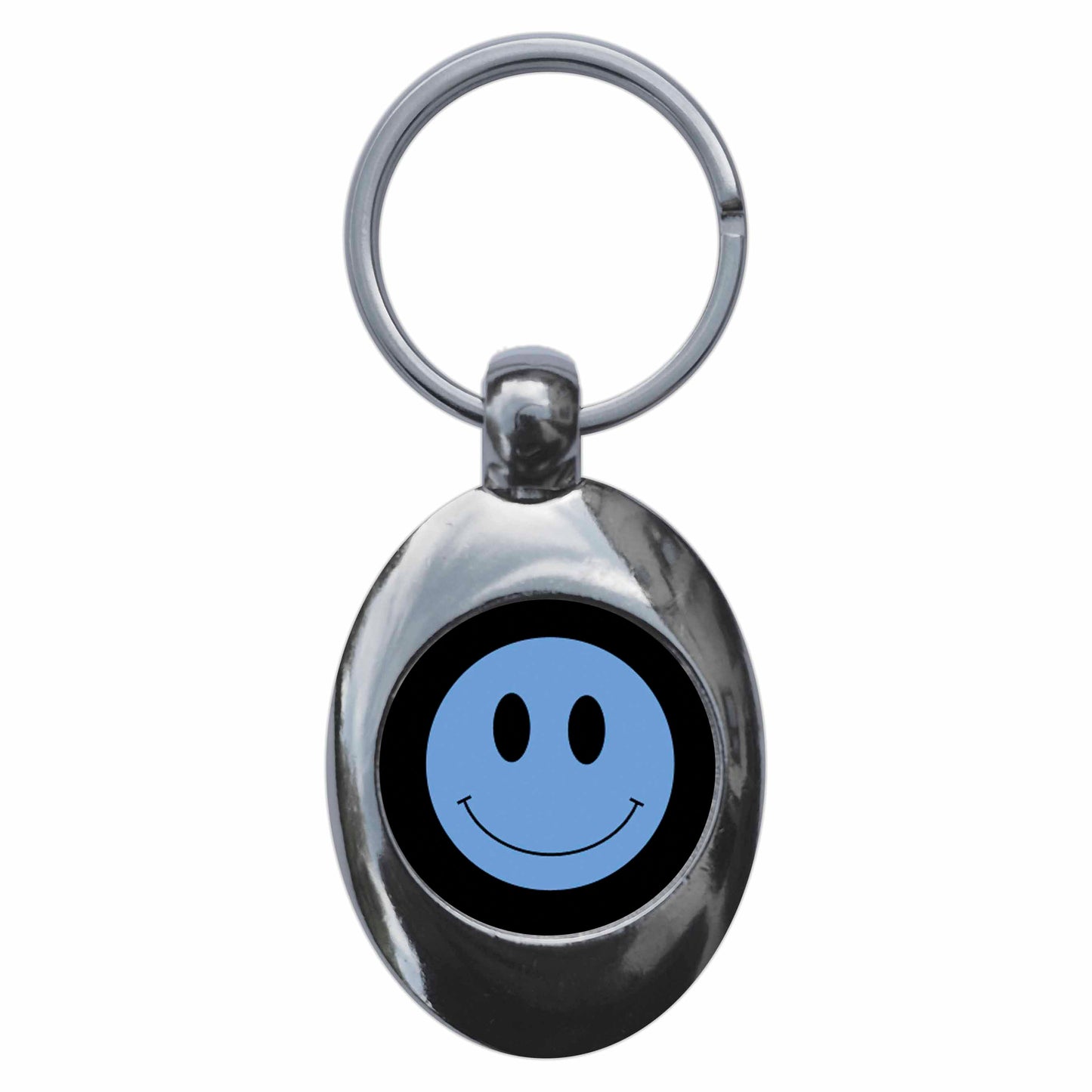 A picture of the front of the product, titled Blue Smiling Face Icon Metal Keyring With Trolley Coin