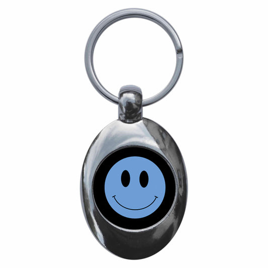A picture of the front of the product, titled Blue Smiling Face Icon Metal Keyring With Trolley Coin