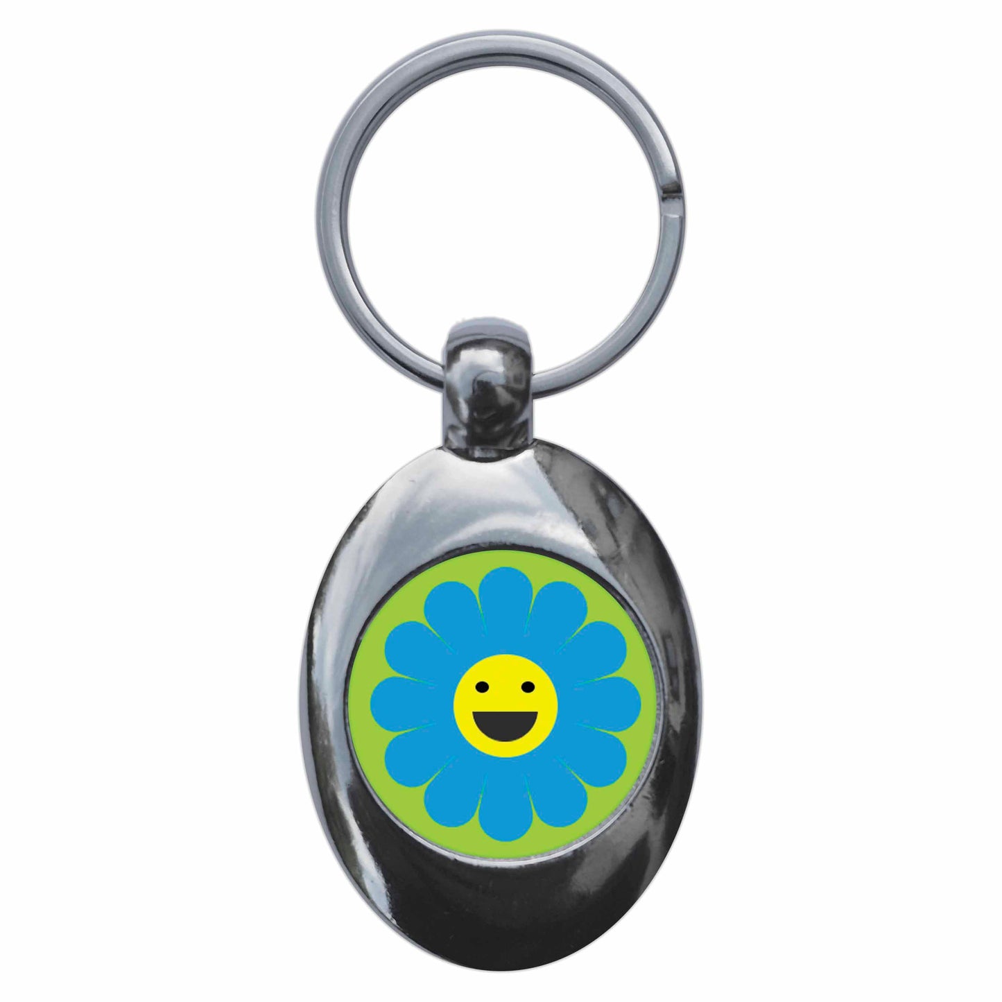 A picture of the front of the product, titled Smiling Happy Flower Metal Keyring With Trolley Coin