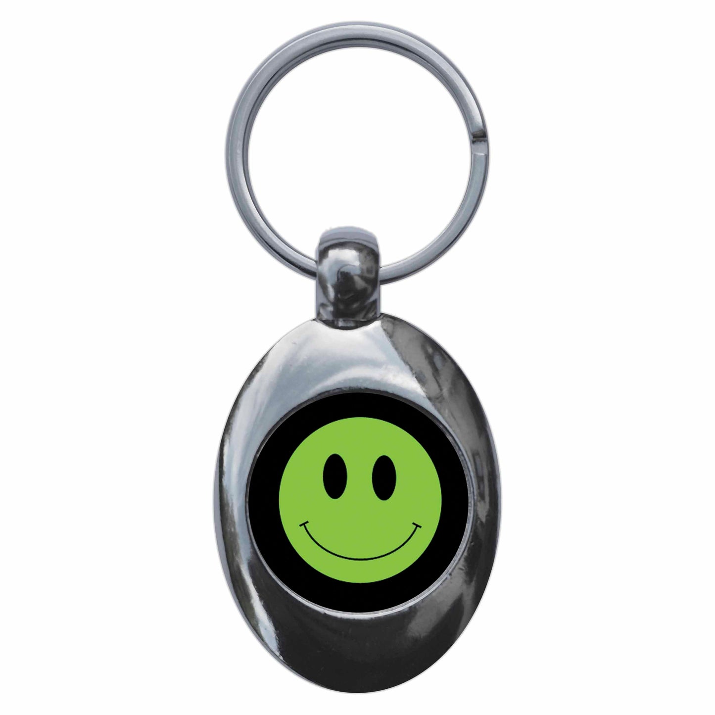 A picture of the front of the product, titled Green Smiling Face Icon Metal Keyring With Trolley Coin